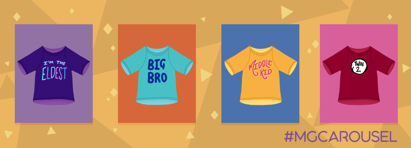 Bookmark for February 2022 features illustrations of sibling themed t-shirts, including a purple one that reads "I'm the Eldest" in multi-colored text. A light blue one that says "Big Bro" in bold blue letters. A yellow one with "Middle Kid" in pink, curly handwriting. And a red shirt with "Twin 2" in the style of Dr. Seuss's Thing 1 & Thing 2.