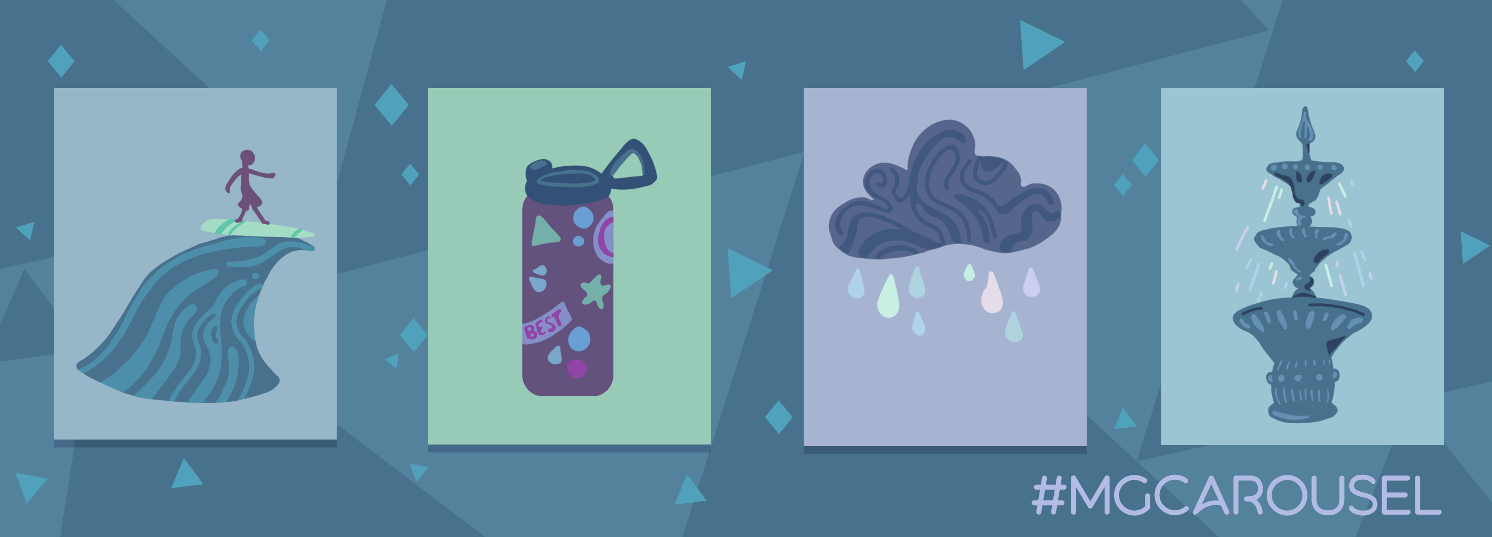 Bookmark for July 2022 features water-themed illustrations, including a surfer on a wave, a reusable water bottle, a raining storm cloud, and a decorative water fountain.