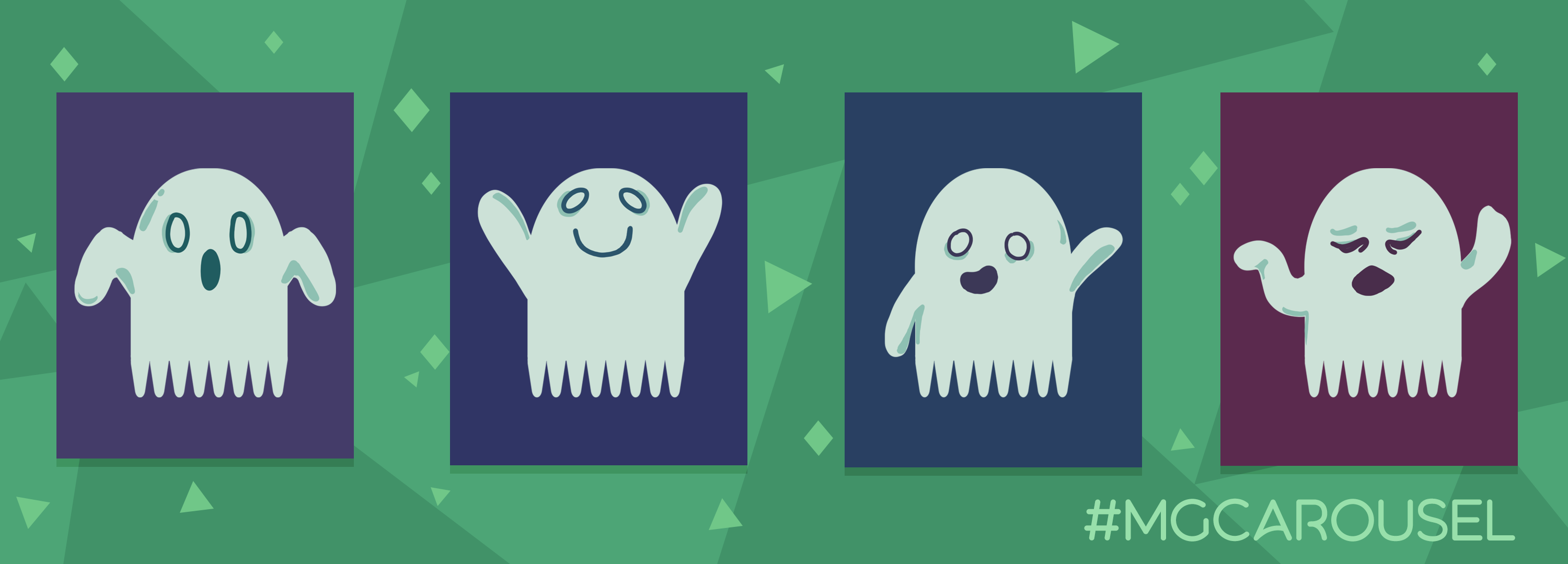 Bookmark for October 2022 features illustrations of ghosts, including one with a surprised, screaming face; a ghost with a wide smile and arms upraised; one waving and smiling in a friendly manner; and one waving its arms and frowning ominously.
