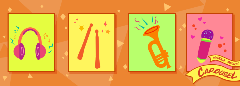 Bookmark for January 2023 features illustrations of musical items, including headphones, a set of drumsticks, a trumpet, and a microphone.